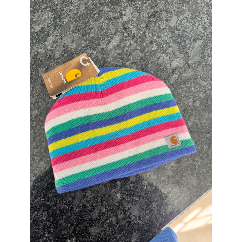 Carhartt Youth Beanie Hat Rose Bloom Rainbow Stripe Fleece Lined NWT Kids
